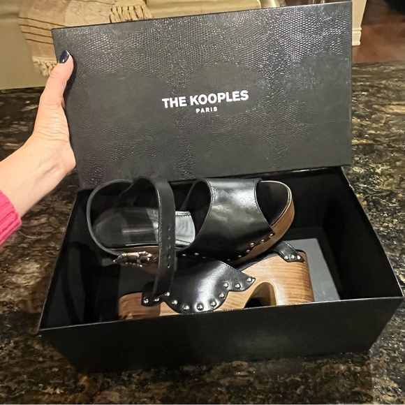 The Kooples Black Leather Wood Platform Clog Sandals Studded Block Heels EU 38 - Picture 10 of 14